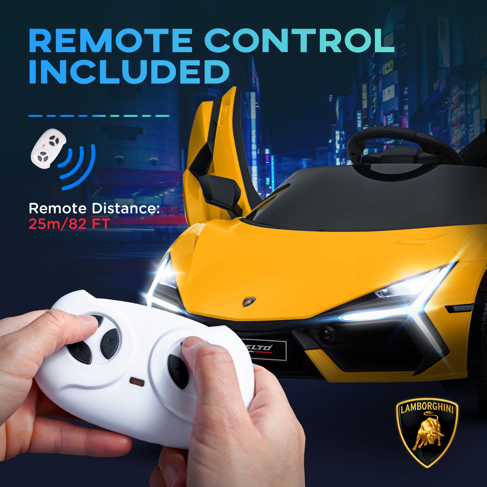Qaba Lamborghini Revuelto Licensed 12V Kids Electric Car, Battery Powered Ride on Car with Hydraulic Doors, Remote Control, Transport Wheels, Spring Suspension, Music, Lights, 3 Speeds, Yello - Aurelia Clothing