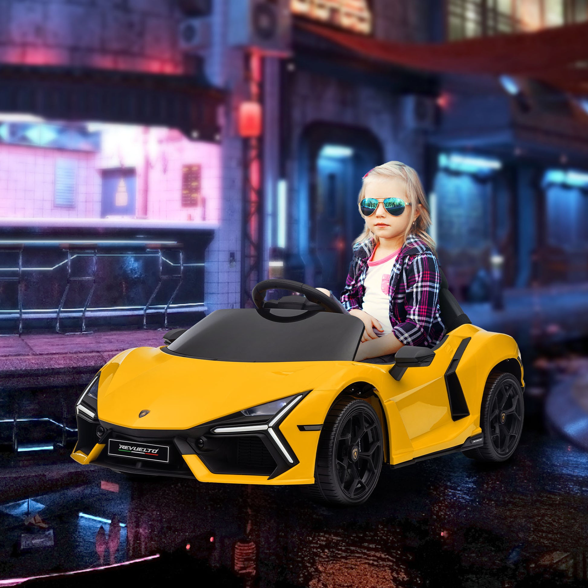 Qaba Lamborghini Revuelto Licensed 12V Kids Electric Car, Battery Powered Ride on Car with Hydraulic Doors, Remote Control, Transport Wheels, Spring Suspension, Music, Lights, 3 Speeds, Yello - Aurelia Clothing