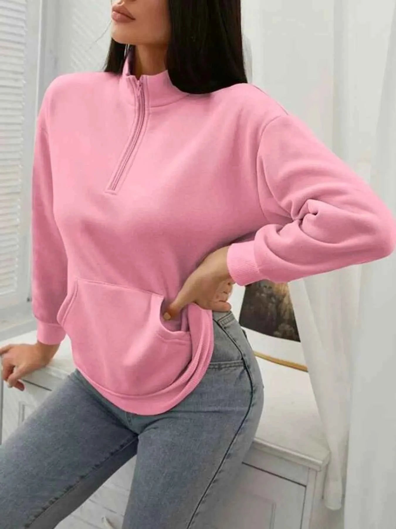 Zip-Up Collar Sweatshirt with Pocket - Free Shipping
