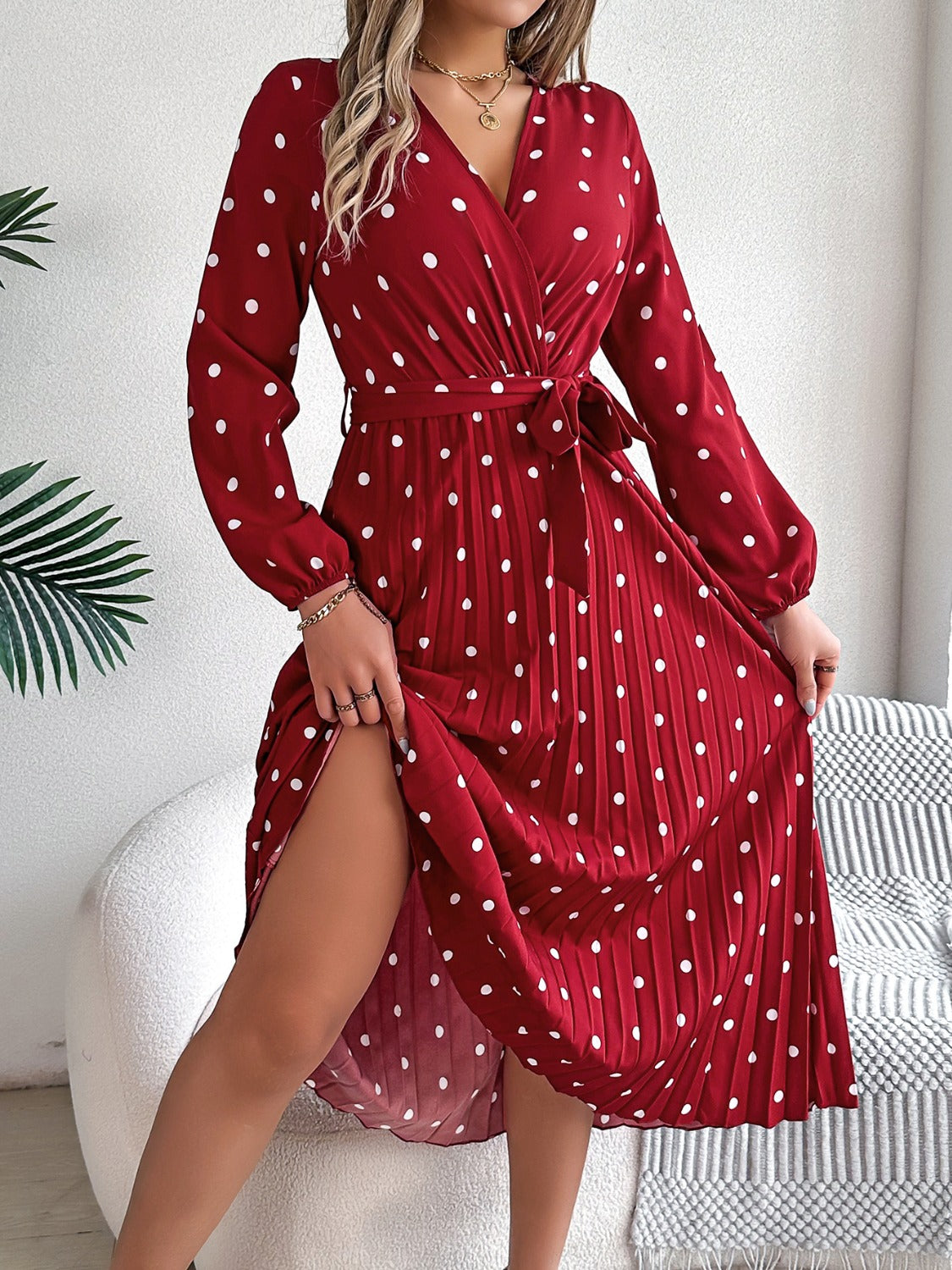 Tied Polka Dot Long Sleeve Midi Dress - Aurelia Clothing