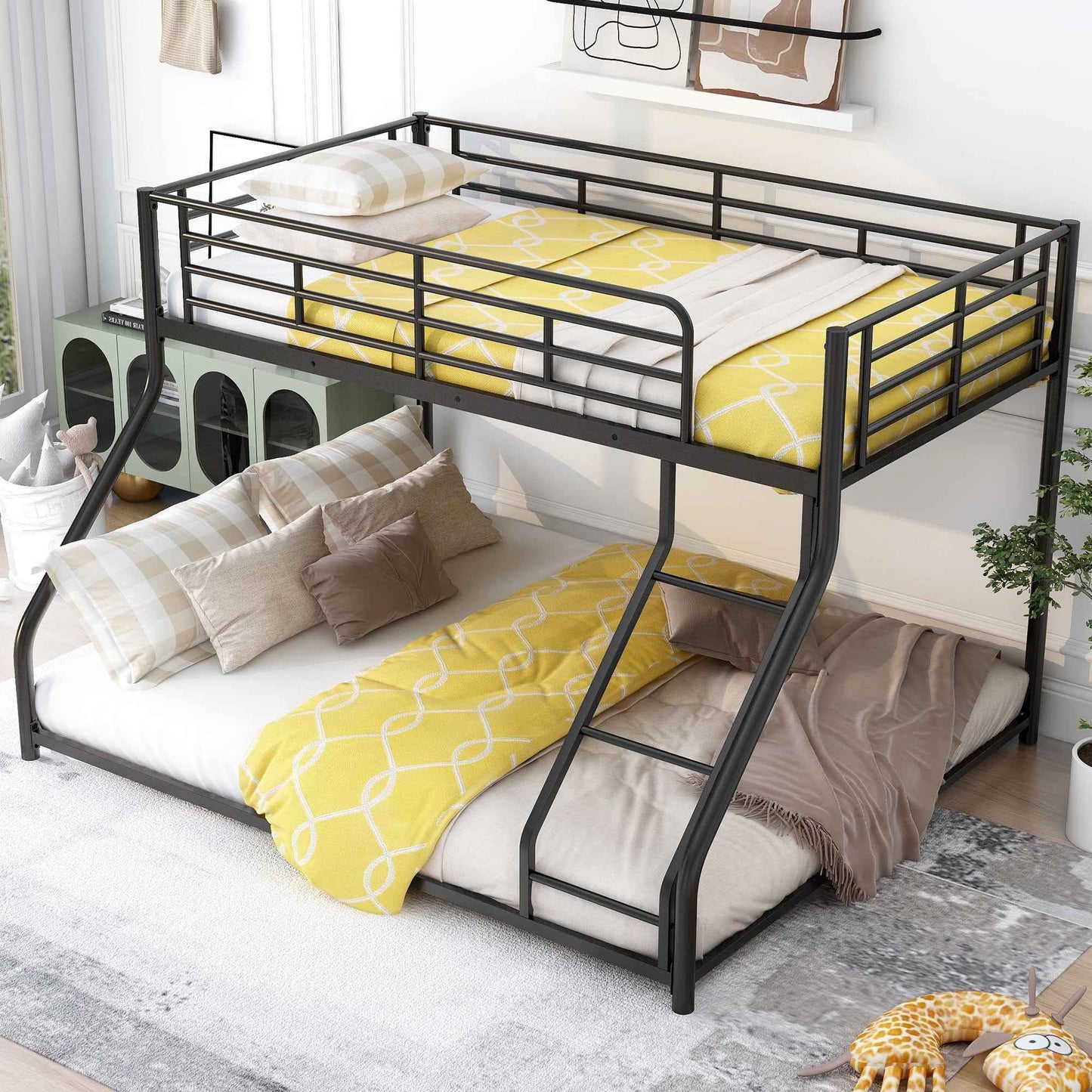 Metal Floor Bunk Bed, Twin XL over Queen, Black-Free Shipping