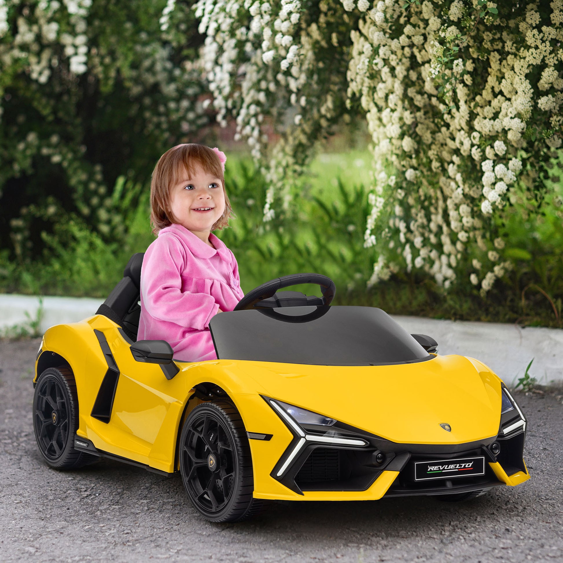Qaba Lamborghini Revuelto Licensed 12V Kids Electric Car, Battery Powered Ride on Car with Hydraulic Doors, Remote Control, Transport Wheels, Spring Suspension, Music, Lights, 3 Speeds, Yello - Aurelia Clothing