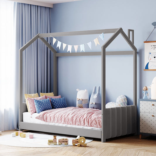 Twin Size Velvet House Bed Wood Bed, Gray - Free Shipping - Aurelia Clothing