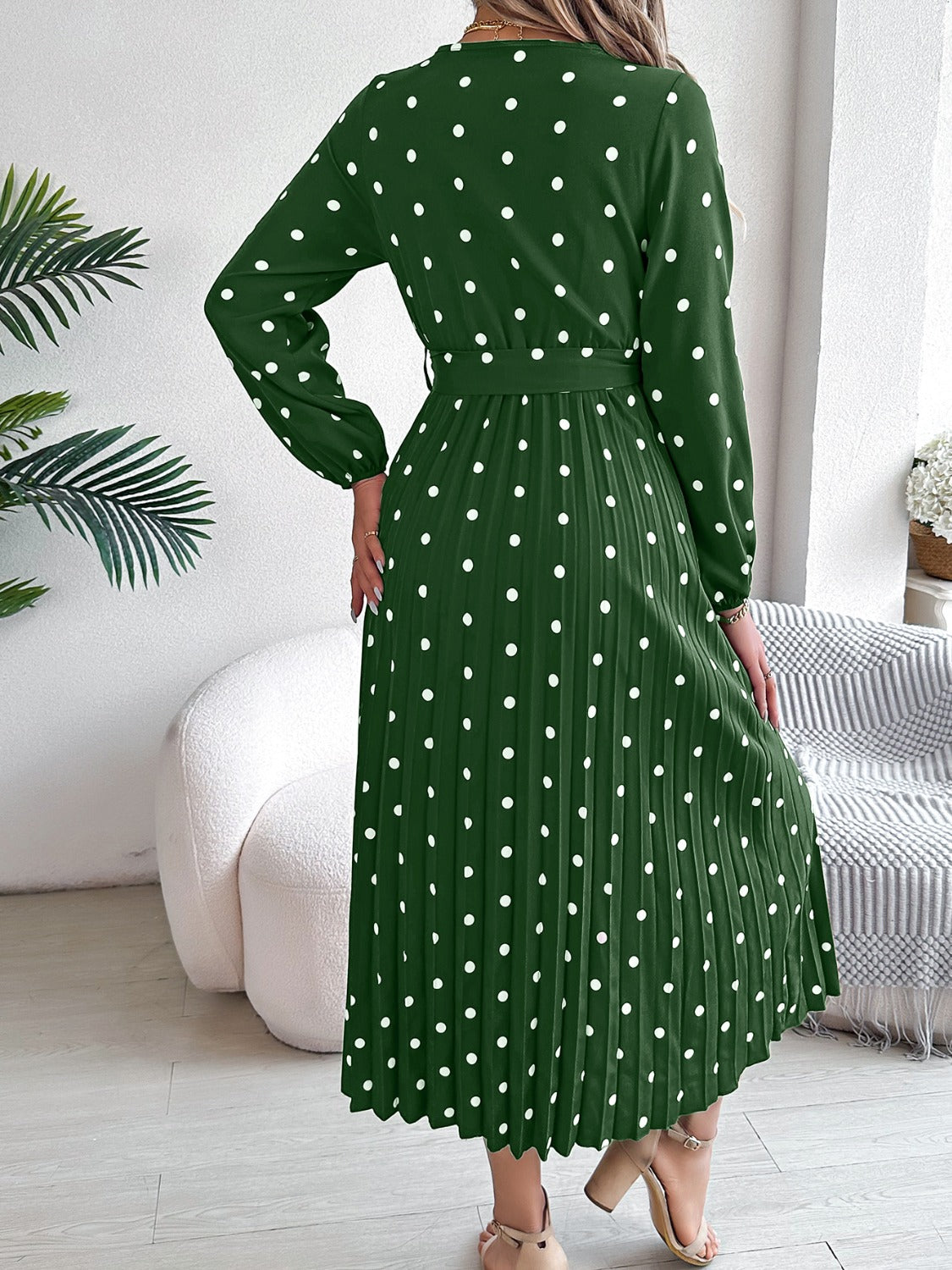 Tied Polka Dot Long Sleeve Midi Dress - Aurelia Clothing