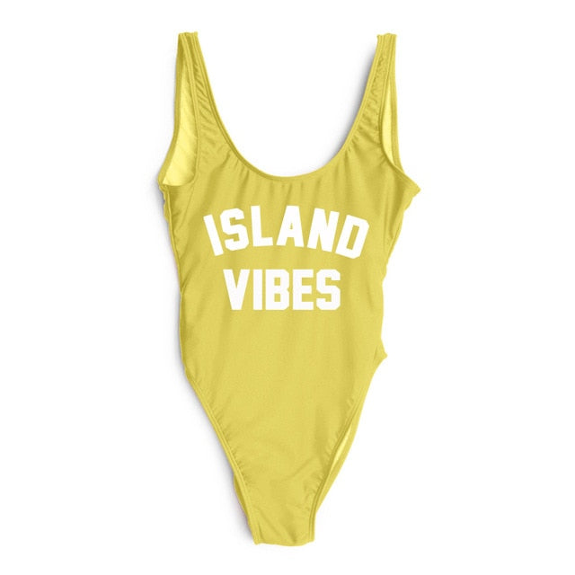 Sexy Swimwear Women ISLAND VIBES Letter Print Swimwear Women High Cut Low Back Bathing Suits - Free Shipping - Aurelia Clothing