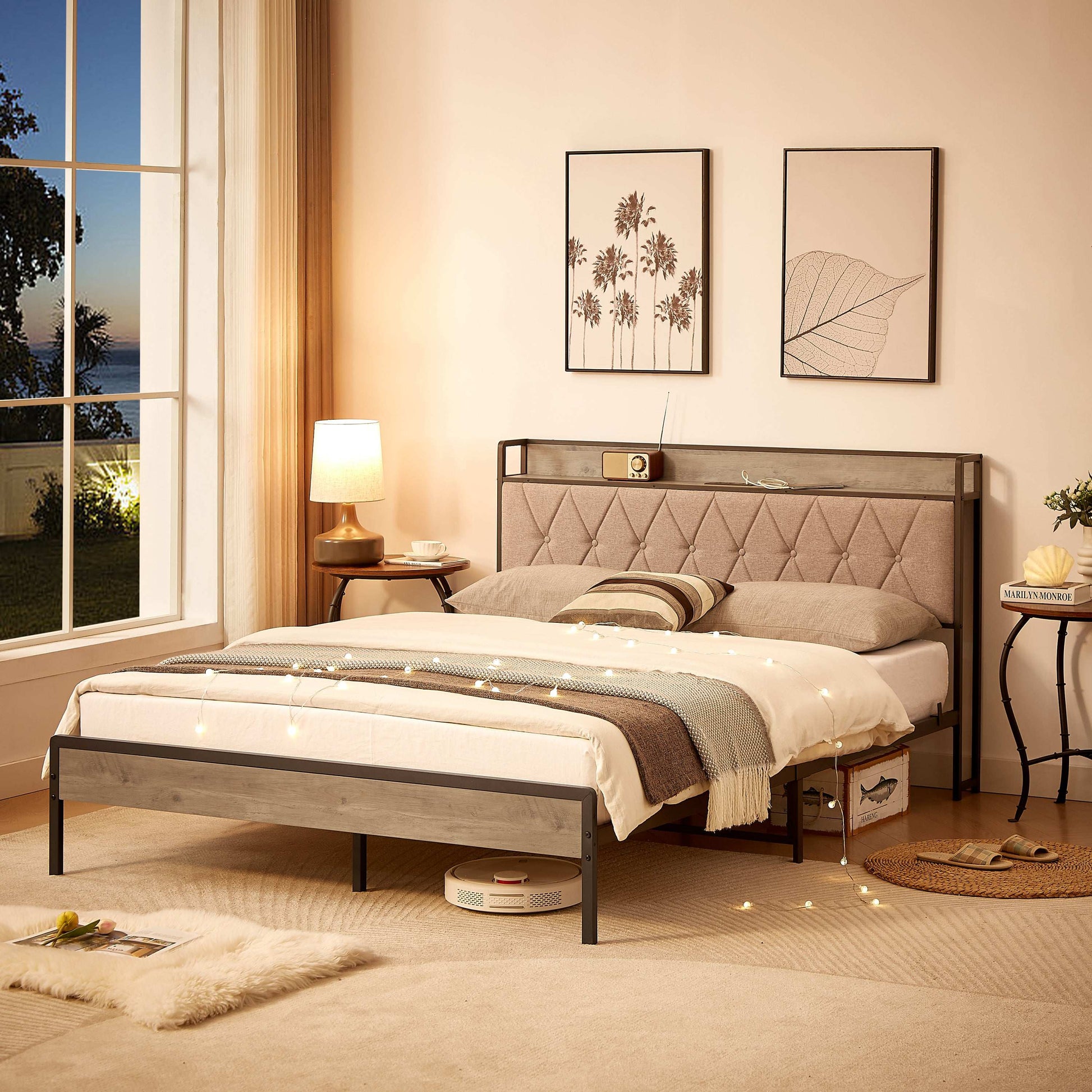 Bed frame with charging station Queen size,Grey, 87.8'' L x 61.8'' W x 39.2'' H. - Free Shipping - Aurelia Clothing