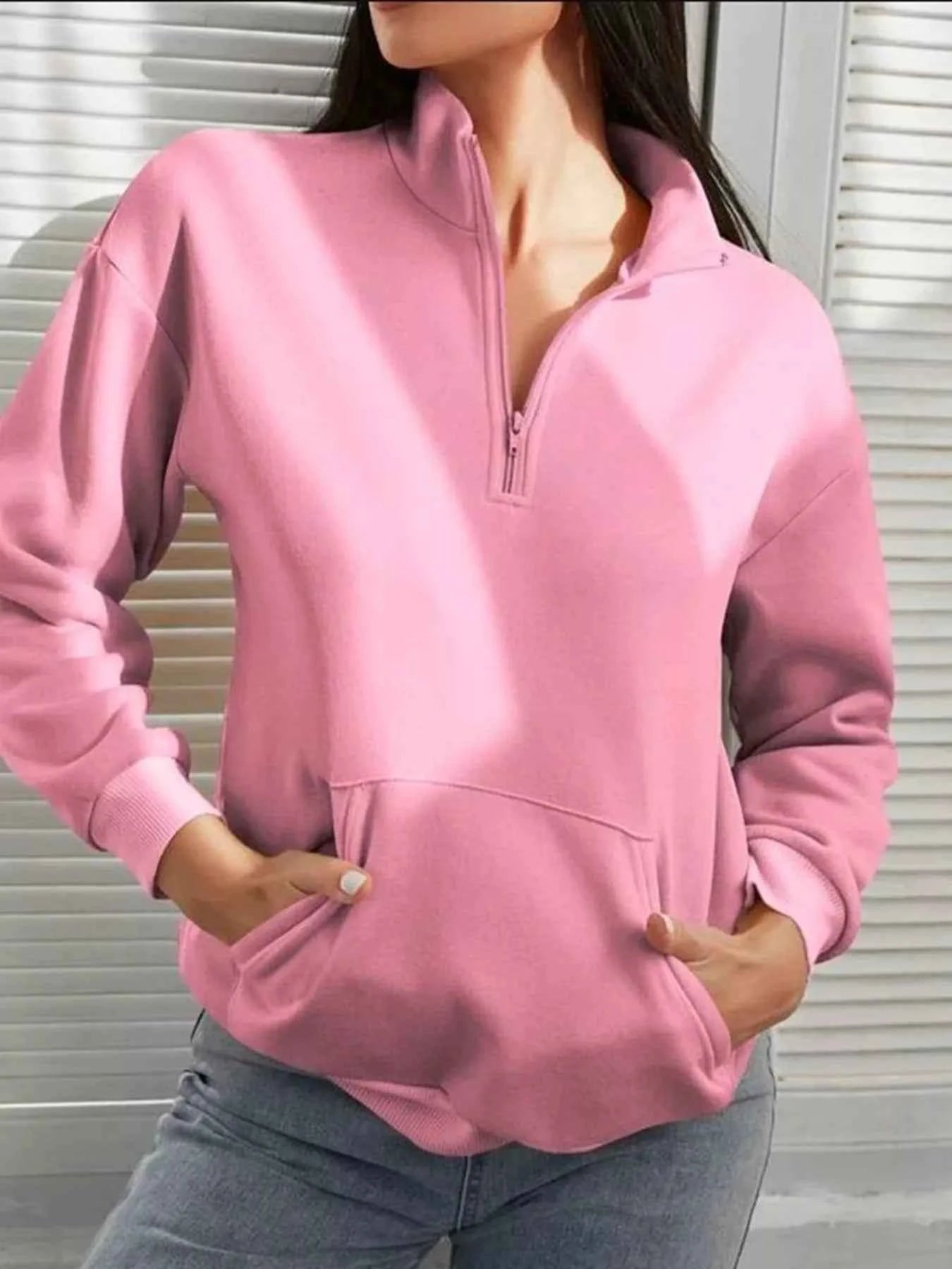 Zip-Up Collar Sweatshirt with Pocket - Free Shipping