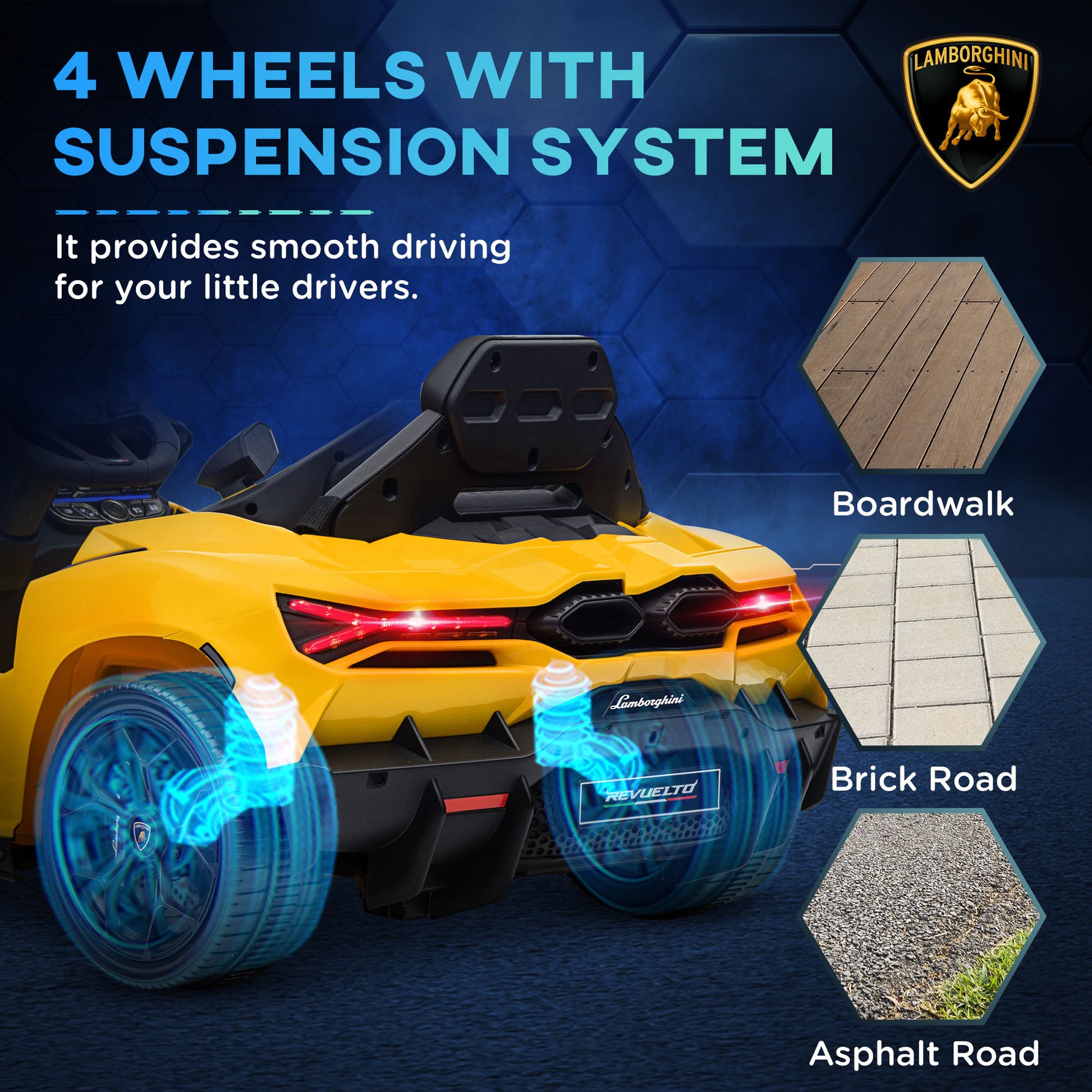 Qaba Lamborghini Revuelto Licensed 12V Kids Electric Car, Battery Powered Ride on Car with Hydraulic Doors, Remote Control, Transport Wheels, Spring Suspension, Music, Lights, 3 Speeds, Yello - Aurelia Clothing