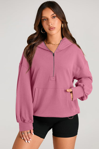 Pocketed Half Zip Long Sleeve Hoodie - Aurelia Clothing