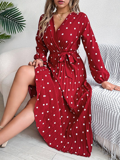 Tied Polka Dot Long Sleeve Midi Dress - Aurelia Clothing