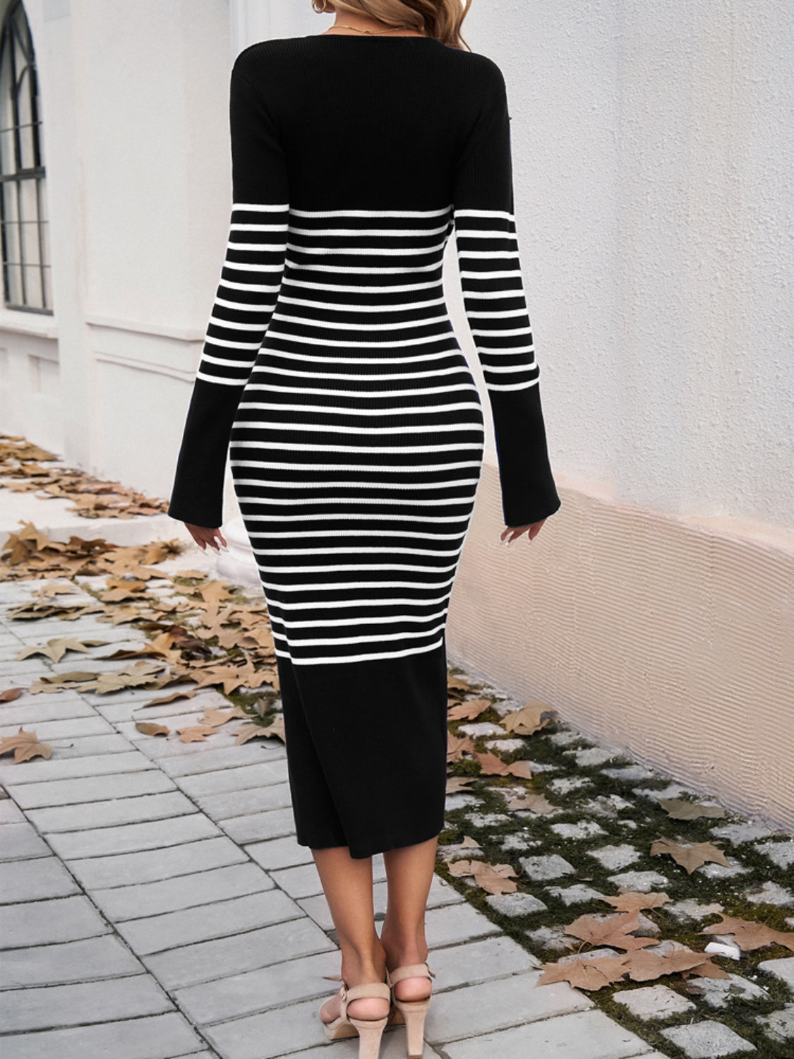 Striped V-Neck Long Sleeve Sweater Dress - Free Shipping - Aurelia Clothing