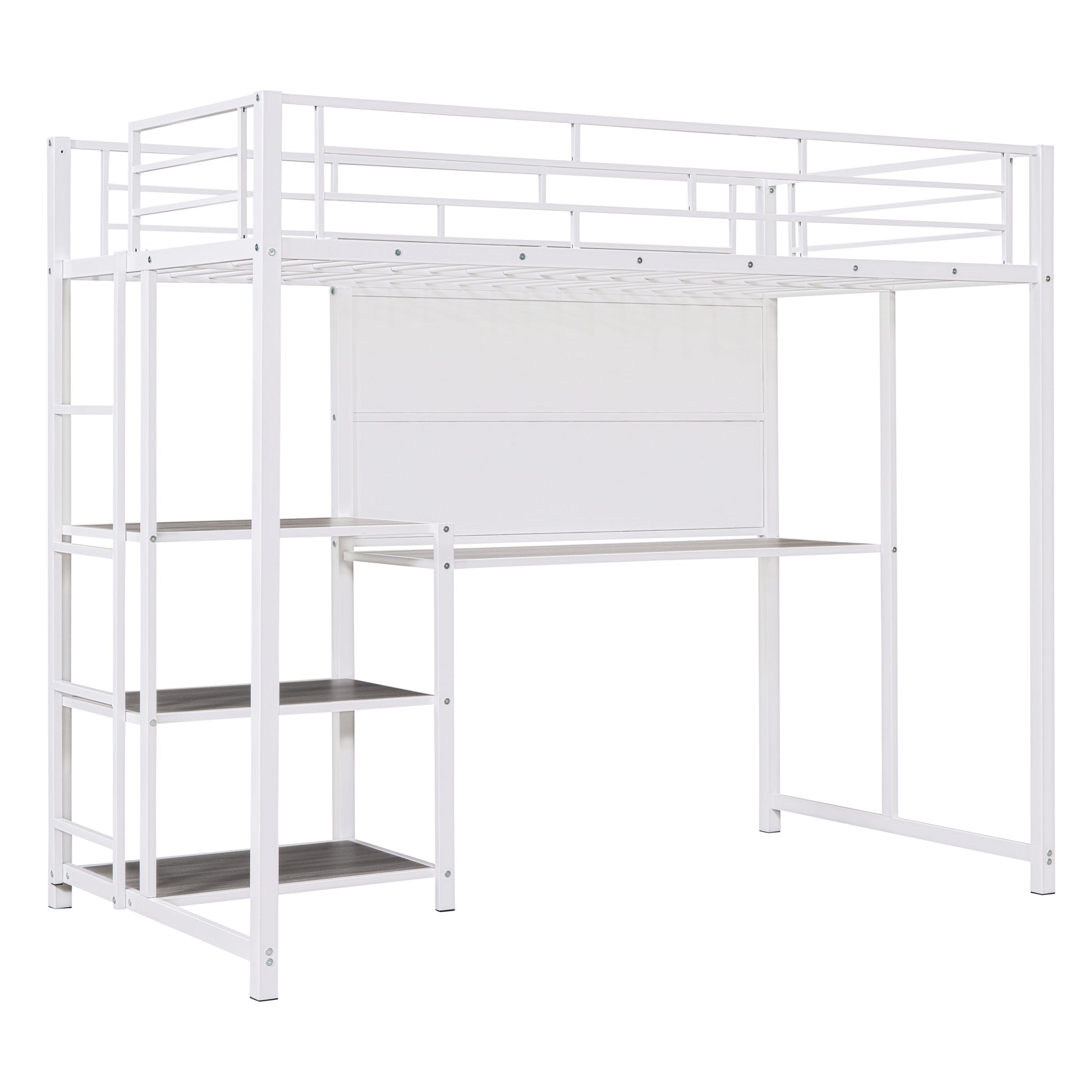 Twin Size Loft Bed with Desk and Whiteboard, Metal Loft Bed with 3 Shelves and Ladder, White - Free Shipping - Aurelia Clothing