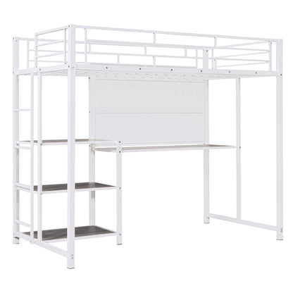 Twin Size Loft Bed with Desk and Whiteboard, Metal Loft Bed with 3 Shelves and Ladder, White - Free Shipping - Aurelia Clothing