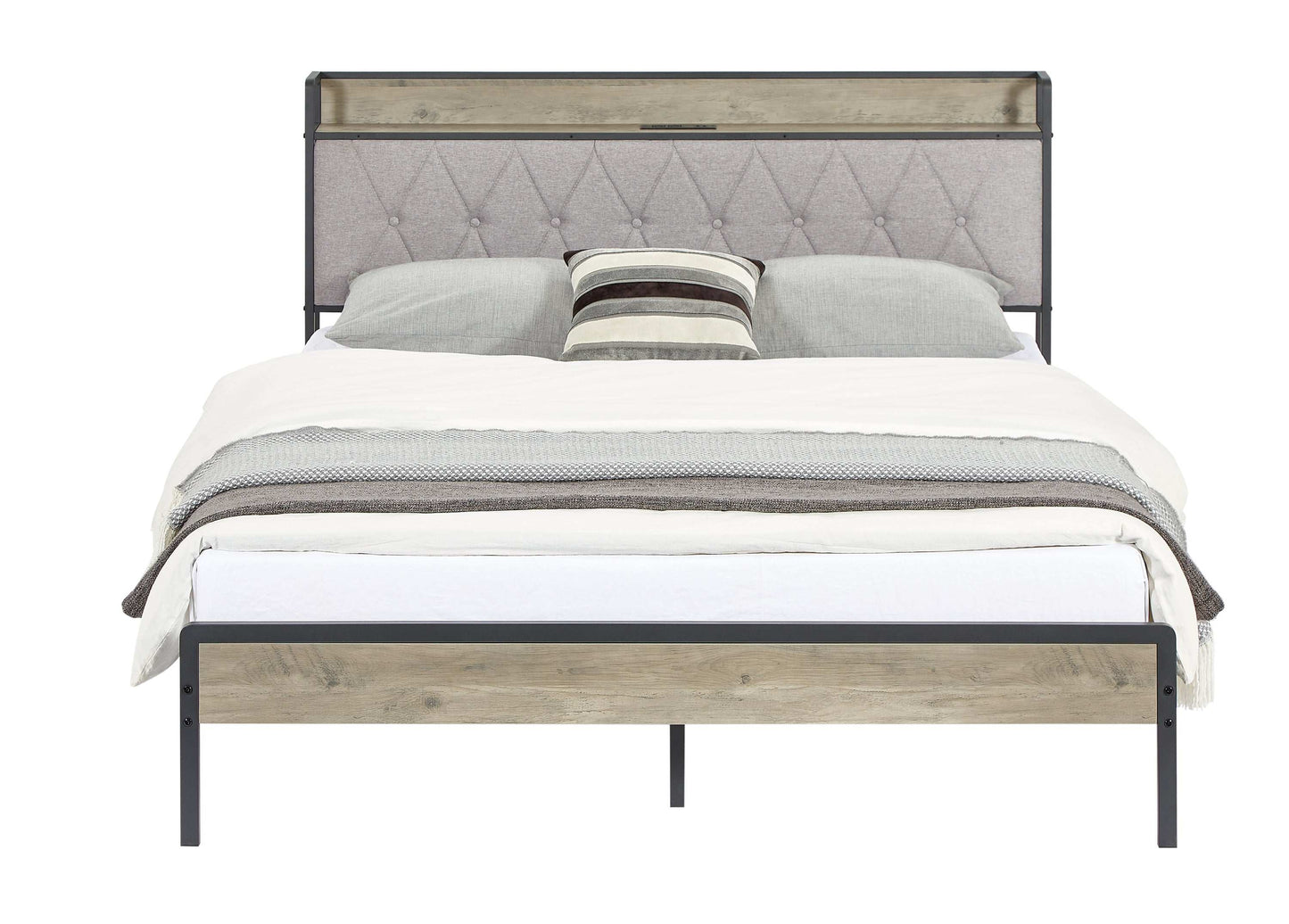 Bed frame with charging station Queen size,Grey, 87.8'' L x 61.8'' W x 39.2'' H. - Free Shipping - Aurelia Clothing
