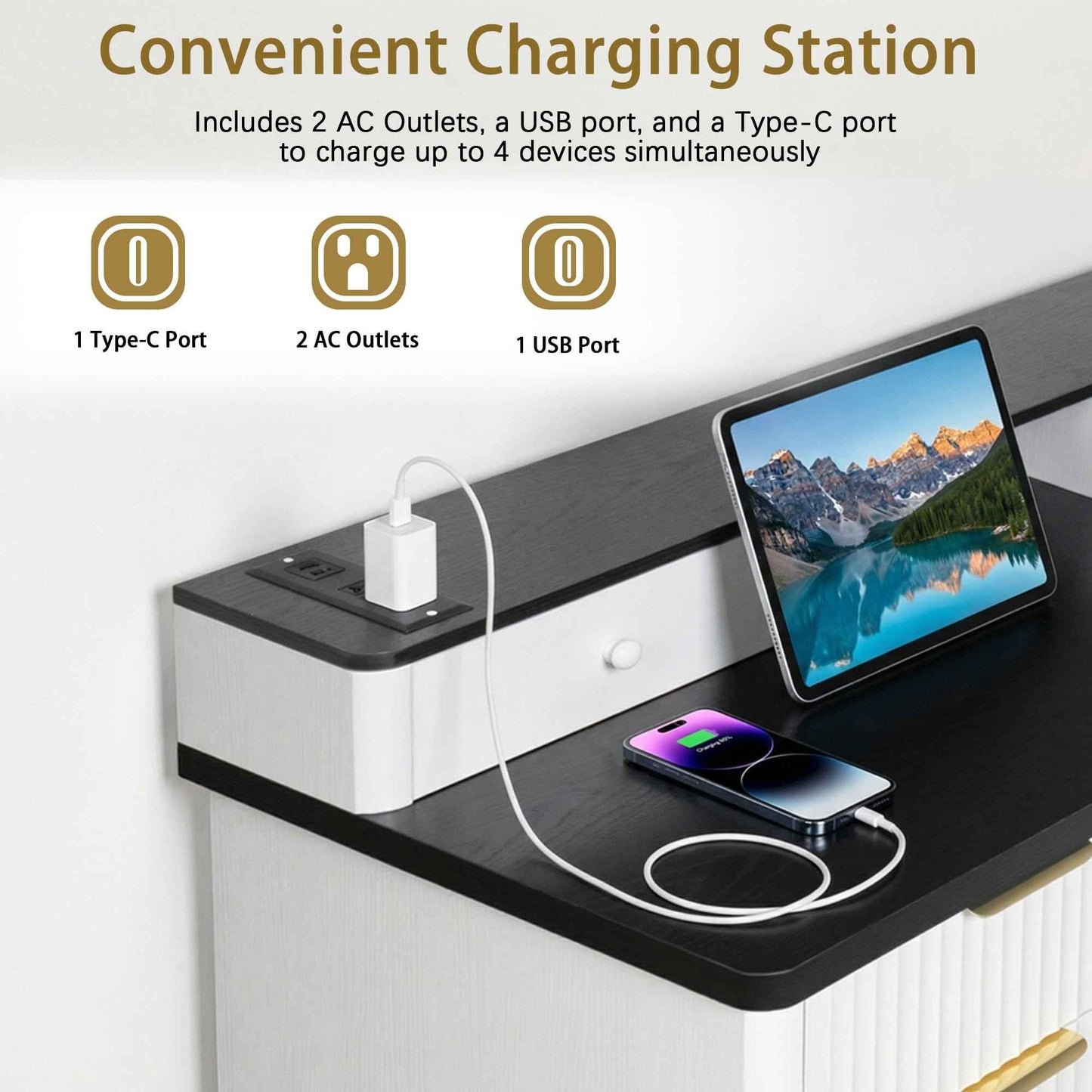 59' Modern Fluted L-Shaped Desk with Charging Station-Free Shipping