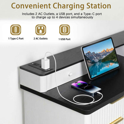 59' Modern Fluted L-Shaped Desk with Charging Station-Free Shipping