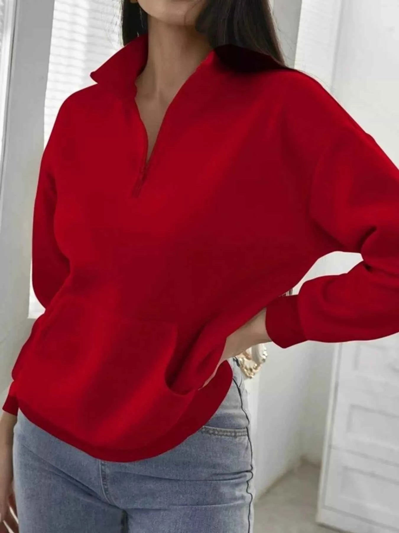 Zip-Up Collar Sweatshirt with Pocket - Free Shipping