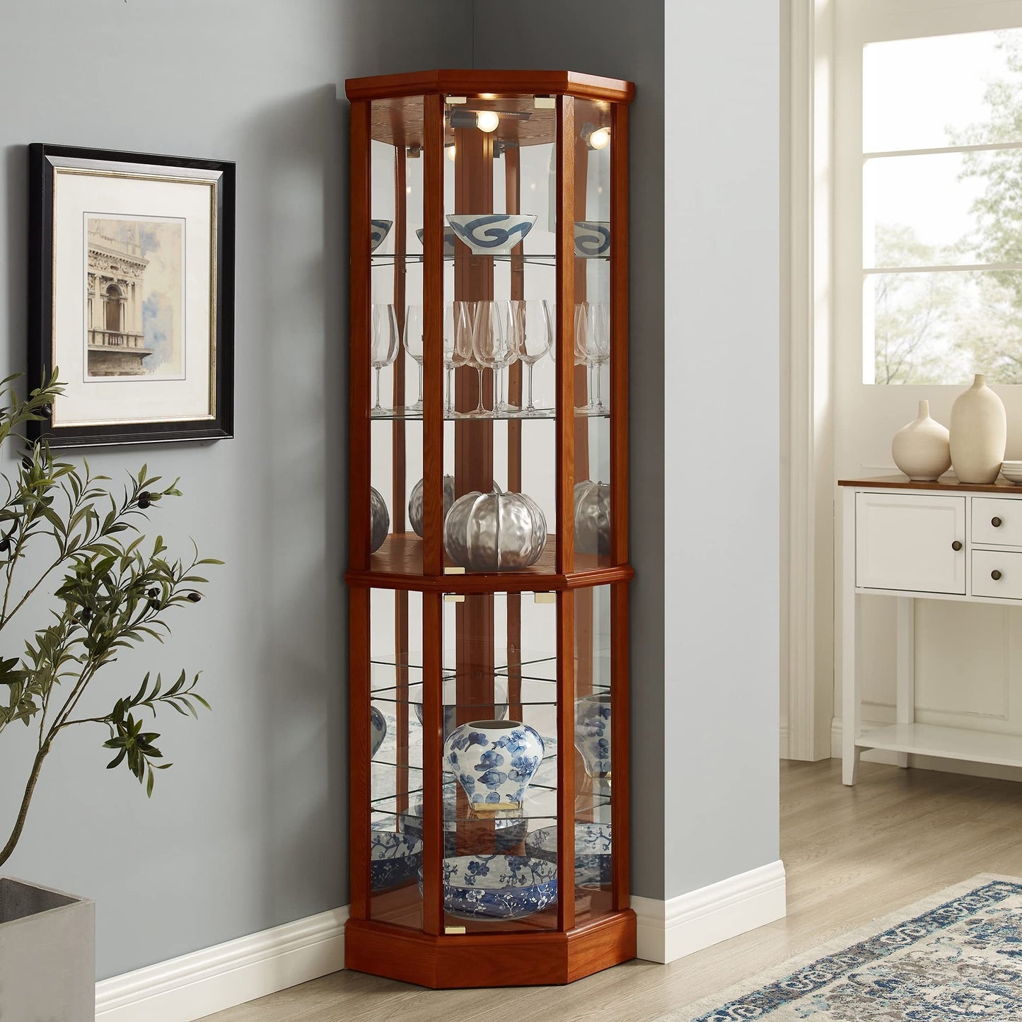 6 Shelf Lighted Corner Curio Cabinet-Free Shipping - Aurelia Clothing
