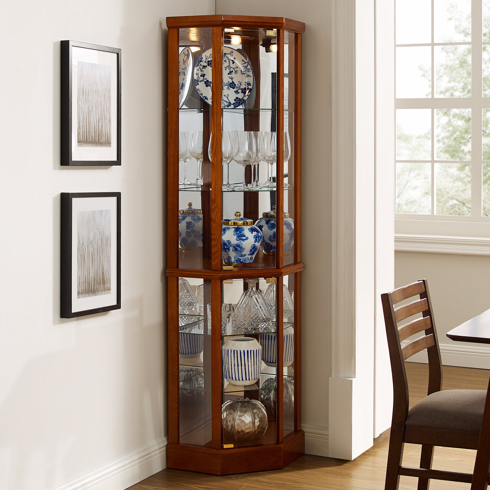 6 Shelf Lighted Corner Curio Cabinet-Free Shipping - Aurelia Clothing