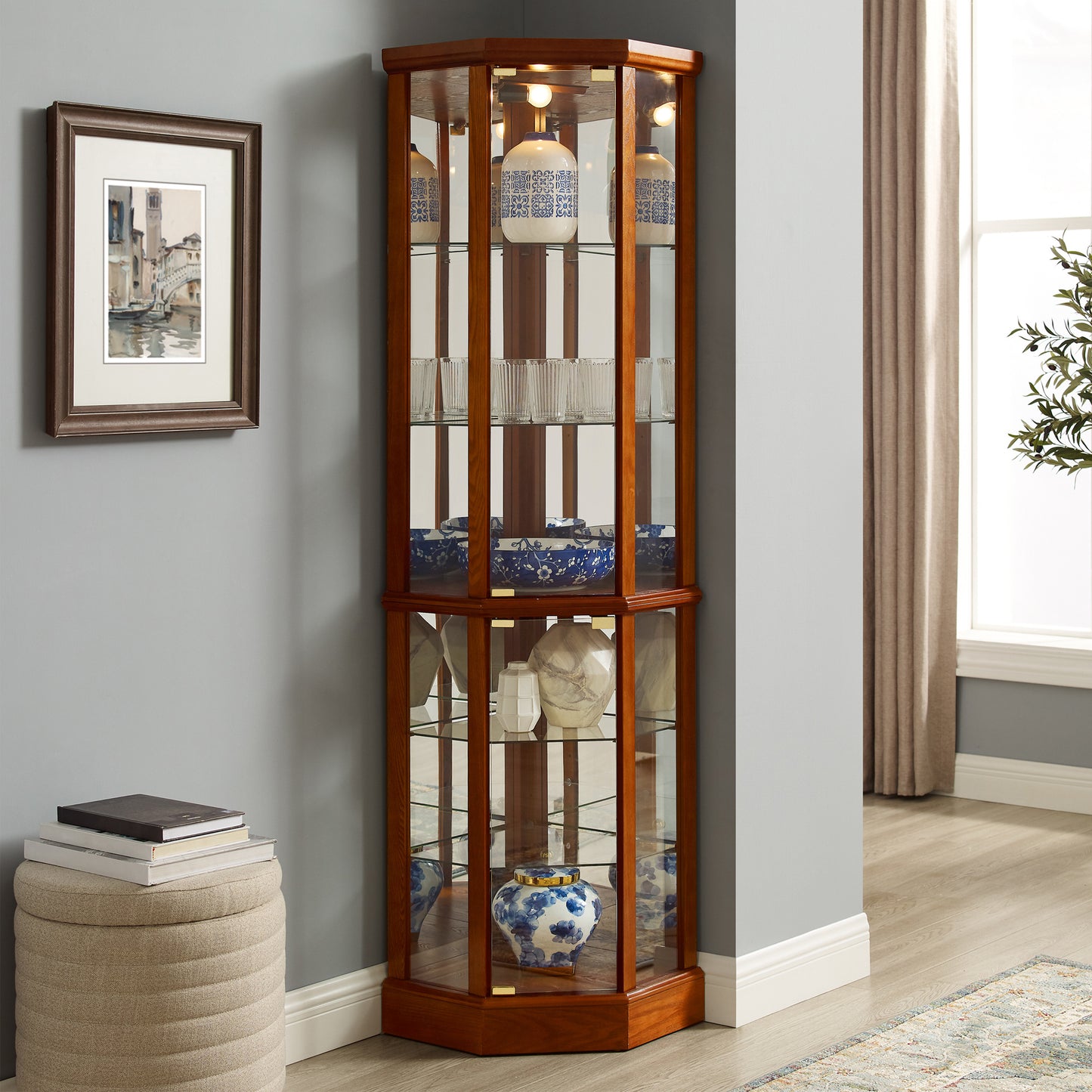 6 Shelf Lighted Corner Curio Cabinet-Free Shipping - Aurelia Clothing