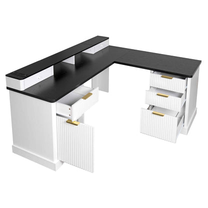 59' Modern Fluted L-Shaped Desk with Charging Station-Free Shipping