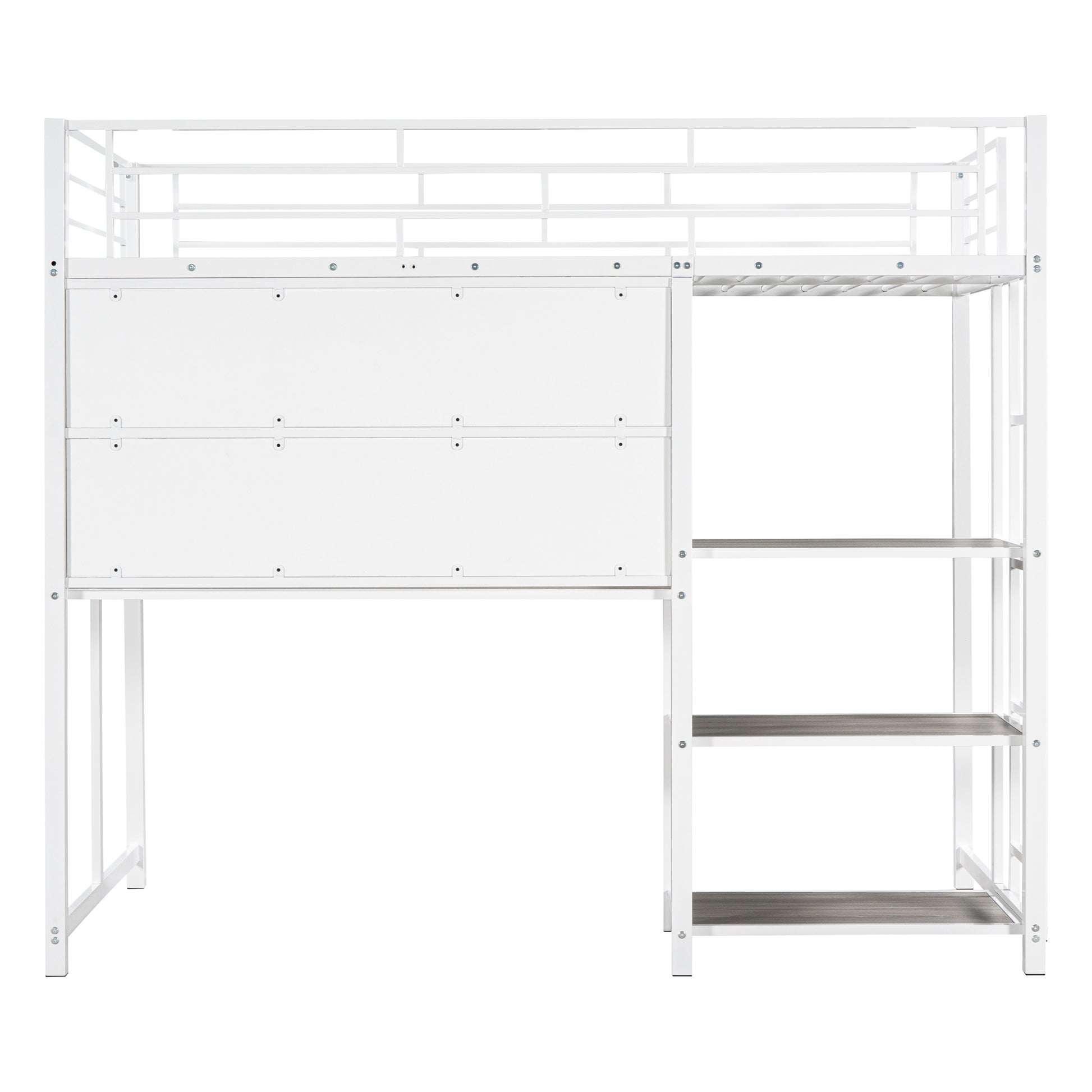 Twin Size Loft Bed with Desk and Whiteboard, Metal Loft Bed with 3 Shelves and Ladder, White - Free Shipping - Aurelia Clothing