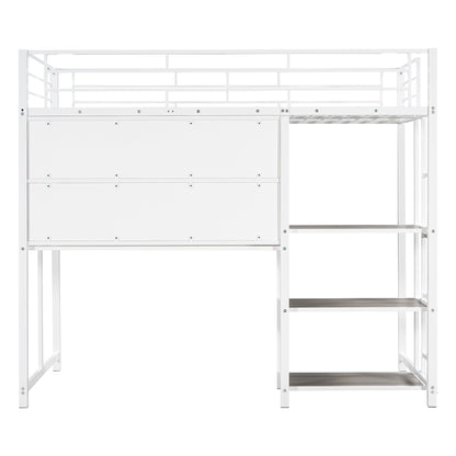 Twin Size Loft Bed with Desk and Whiteboard, Metal Loft Bed with 3 Shelves and Ladder, White - Free Shipping - Aurelia Clothing