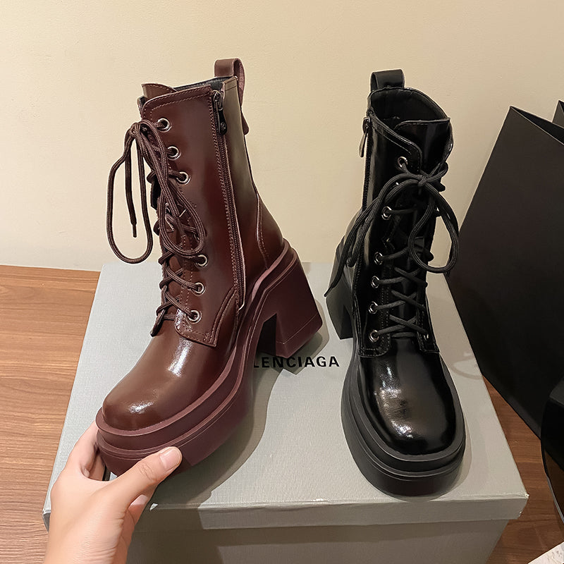 Thick-Soled Martin Boots Women's Leather Single Boots New Winter High-Heeled Thick-Heeled Short Boots - Free Shipping - Aurelia Clothing