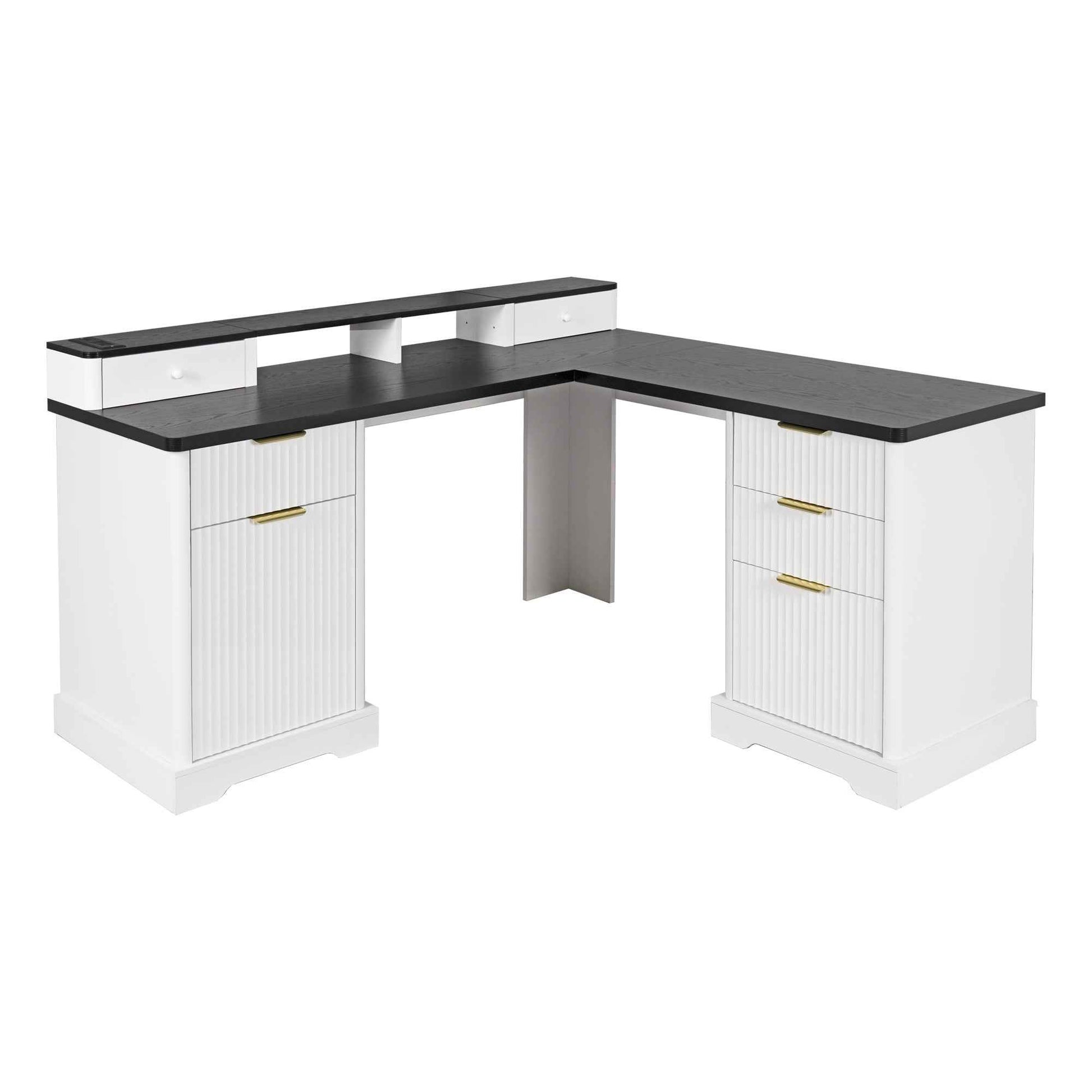 59' Modern Fluted L-Shaped Desk with Charging Station-Free Shipping