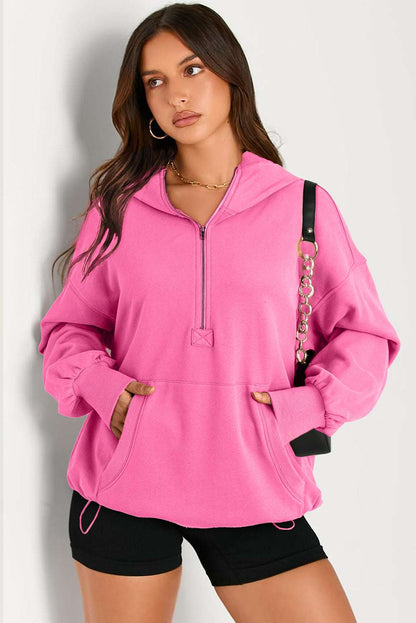 Pocketed Half Zip Long Sleeve Hoodie - Aurelia Clothing