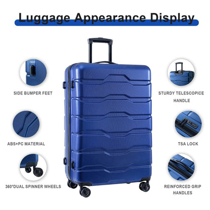 Luggage Sets ABS+PC Hardshell 3pcs Clearance Luggage Hardside Lightweight Durable Suitcase sets Spinner Wheels Suitcase with TSA Lock (20/24/28), BLUE - Free Shipping - Aurelia Clothing