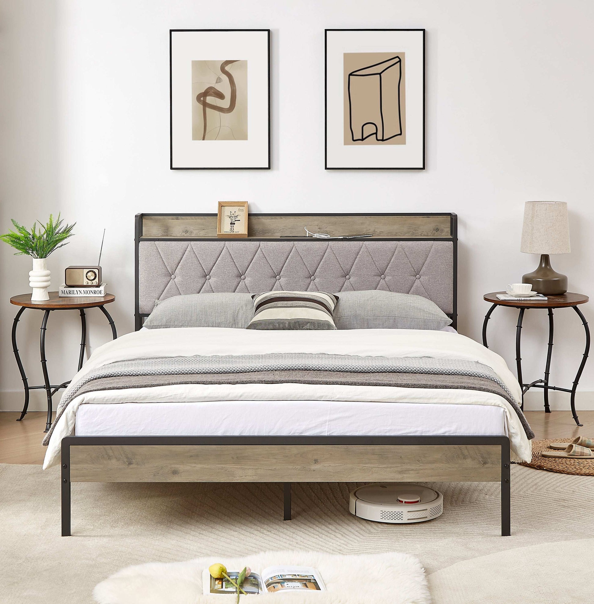 Bed frame with charging station Queen size,Grey, 87.8'' L x 61.8'' W x 39.2'' H. - Free Shipping - Aurelia Clothing