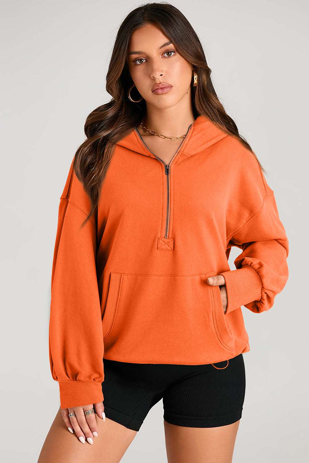 Pocketed Half Zip Long Sleeve Hoodie - Aurelia Clothing
