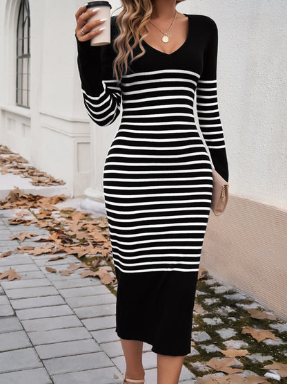 Striped V-Neck Long Sleeve Sweater Dress - Free Shipping - Aurelia Clothing