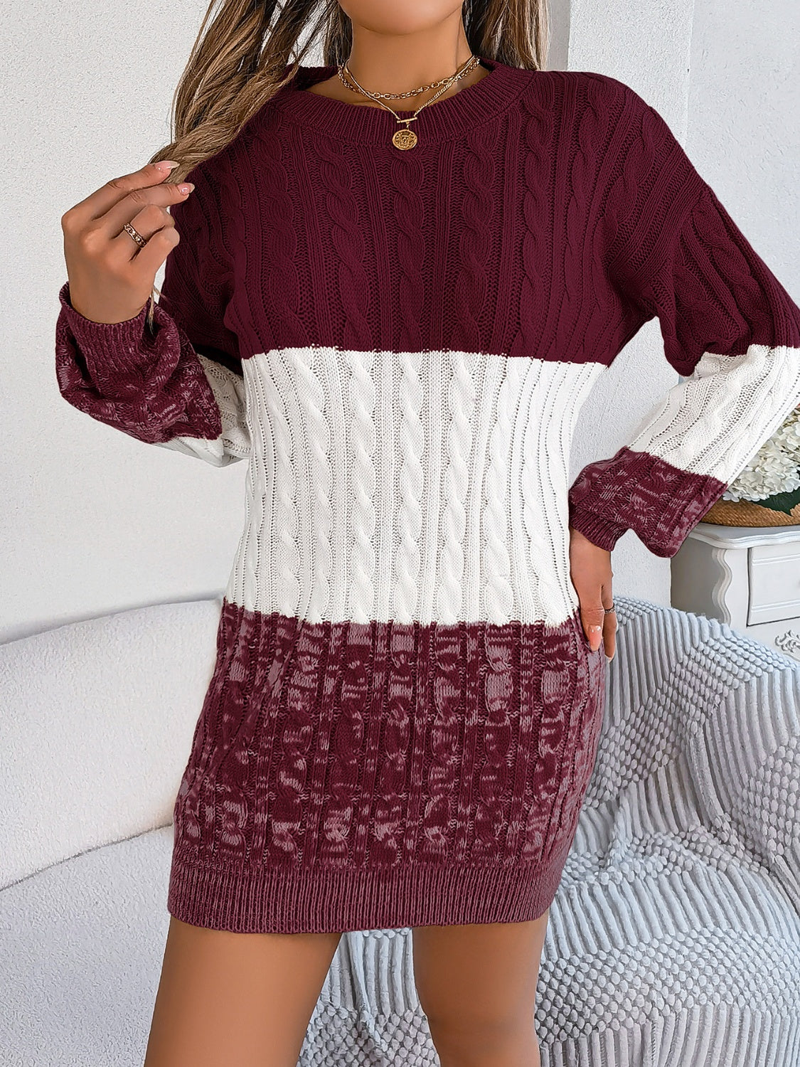 Cable-Knit Round Neck Color Block Sweater Dress - Free Shipping - Aurelia Clothing