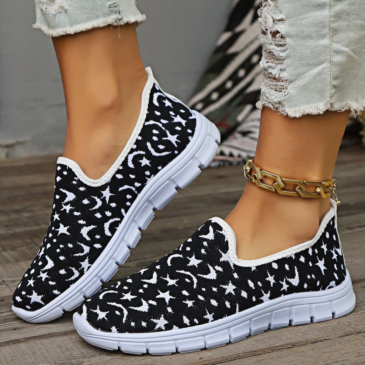 Star & Moon Pattern Flat Loafers - Aurelia Clothing
