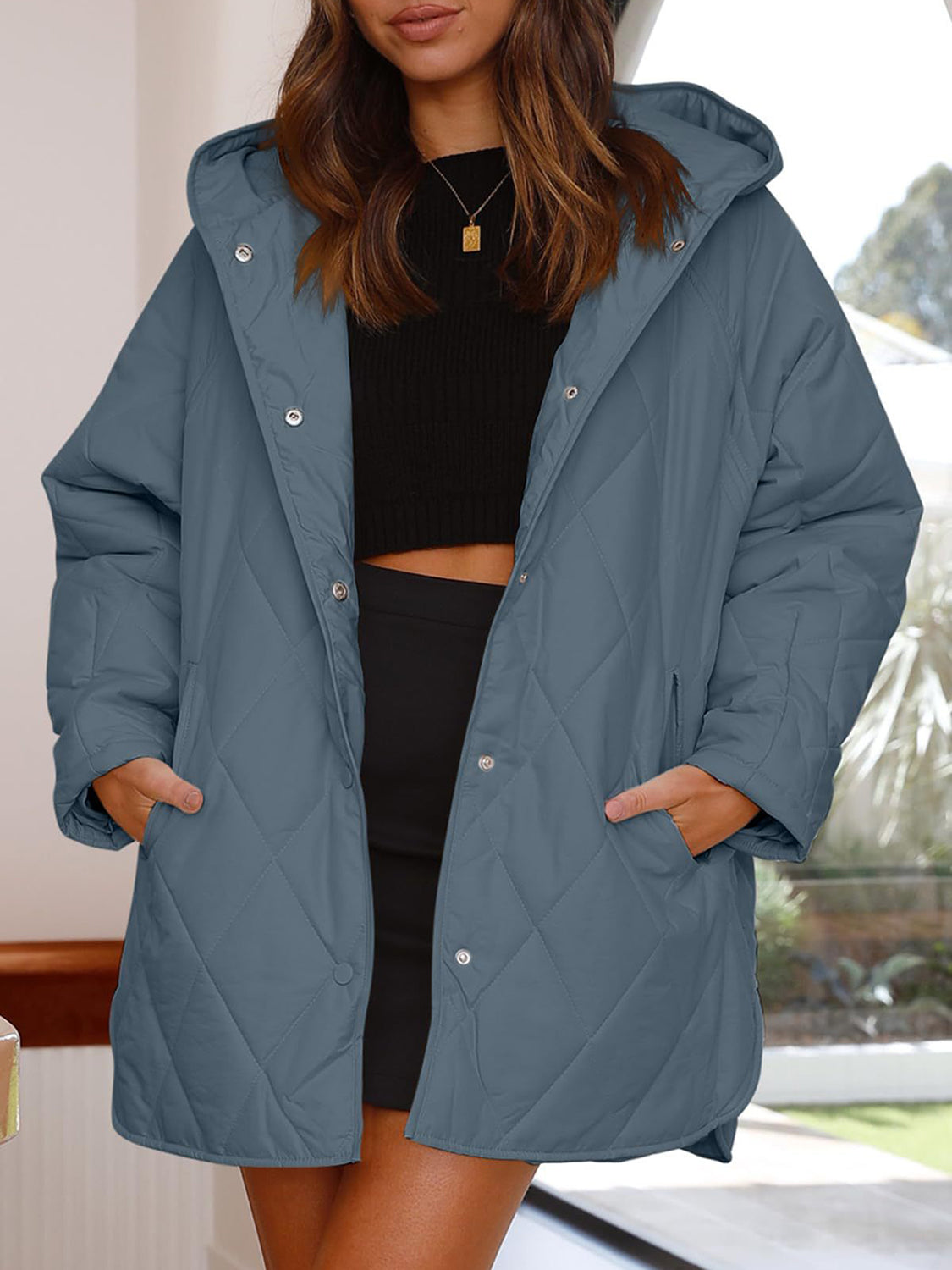 Slit Snap Down Long Sleeve Hooded Jacket - Aurelia Clothing
