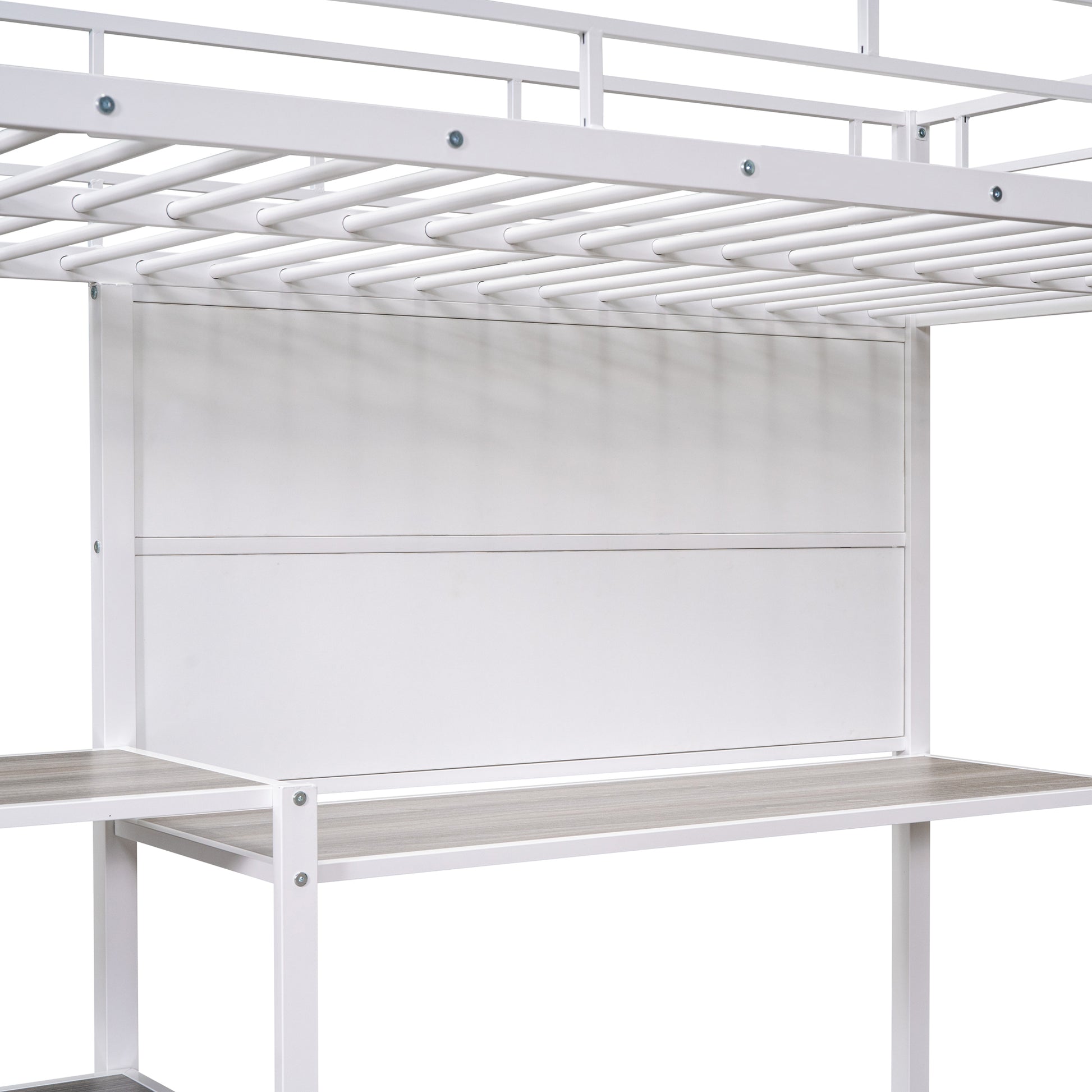 Twin Size Loft Bed with Desk and Whiteboard, Metal Loft Bed with 3 Shelves and Ladder, White - Free Shipping - Aurelia Clothing