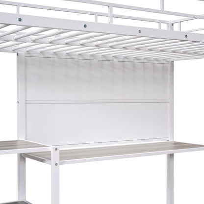 Twin Size Loft Bed with Desk and Whiteboard, Metal Loft Bed with 3 Shelves and Ladder, White - Free Shipping - Aurelia Clothing
