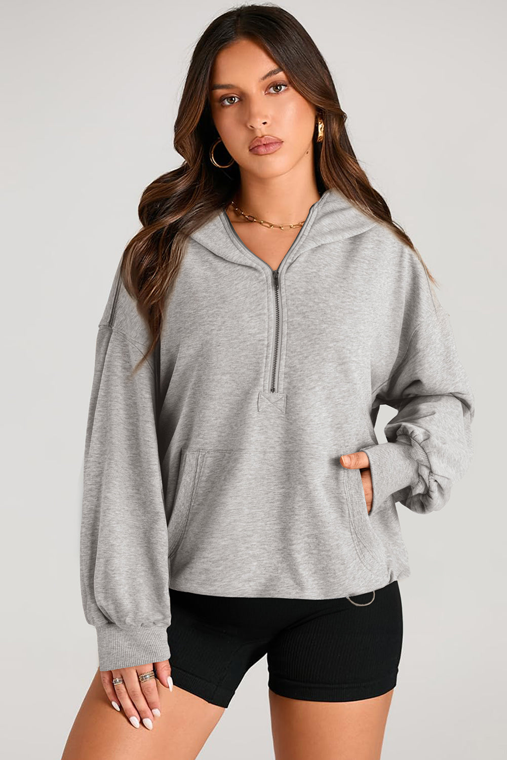 Pocketed Half Zip Long Sleeve Hoodie - Aurelia Clothing