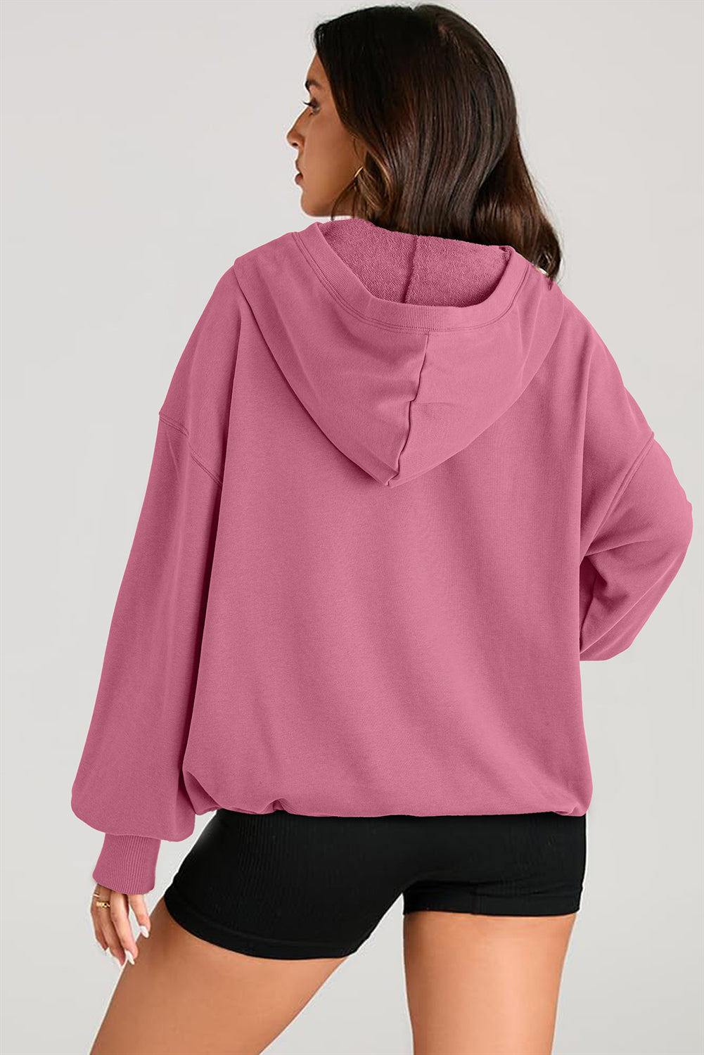 Pocketed Half Zip Long Sleeve Hoodie - Aurelia Clothing