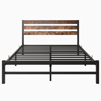 Queen Size Platform Bed Frame with Rustic Vintage Wood Headboard, Strong Metal Slats Support Mattress Foundation, No Box Spring Needed Rustic Brown - Free Shipping - Aurelia Clothing