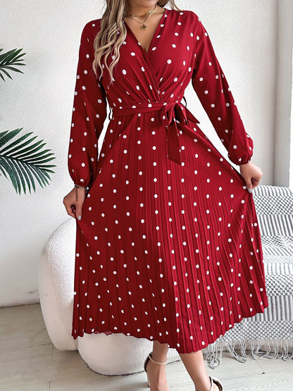 Tied Polka Dot Long Sleeve Midi Dress - Aurelia Clothing