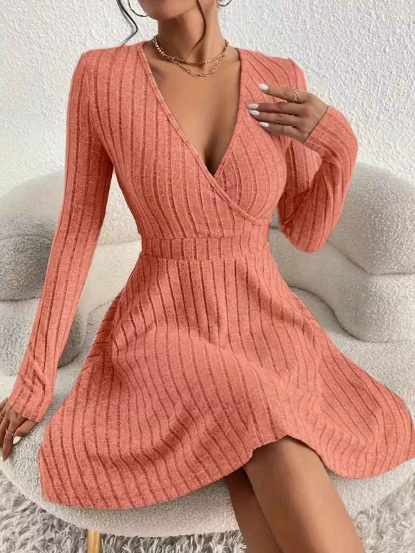 Ribbed Knit Wrap Mini Dress - Free Shipping