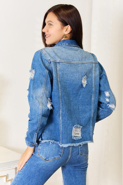 Baeful Leopard Floral Distressed Raw Hem Denim Womens Jacket - Aurelia Clothing