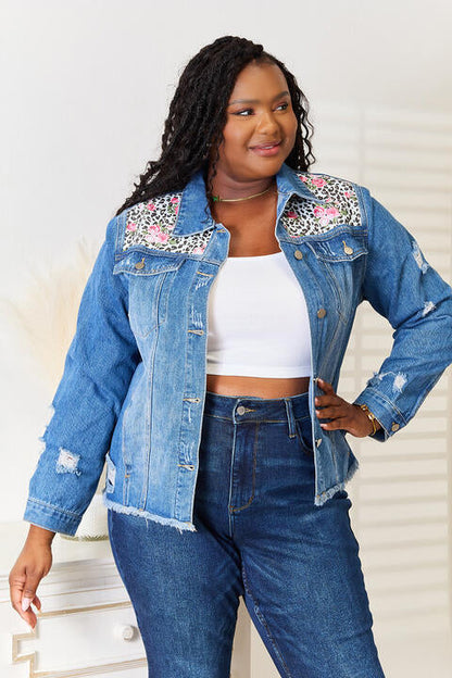 Baeful Leopard Floral Distressed Raw Hem Denim Womens Jacket - Aurelia Clothing