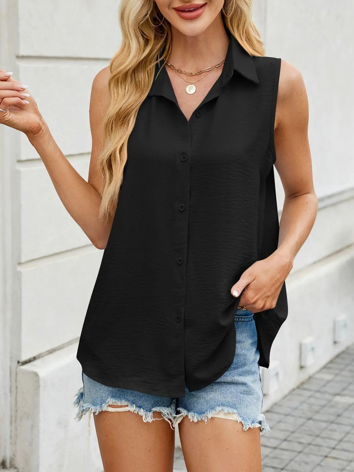 Button Down Collared Neck Tank - Free Shipping - Aurelia Clothing