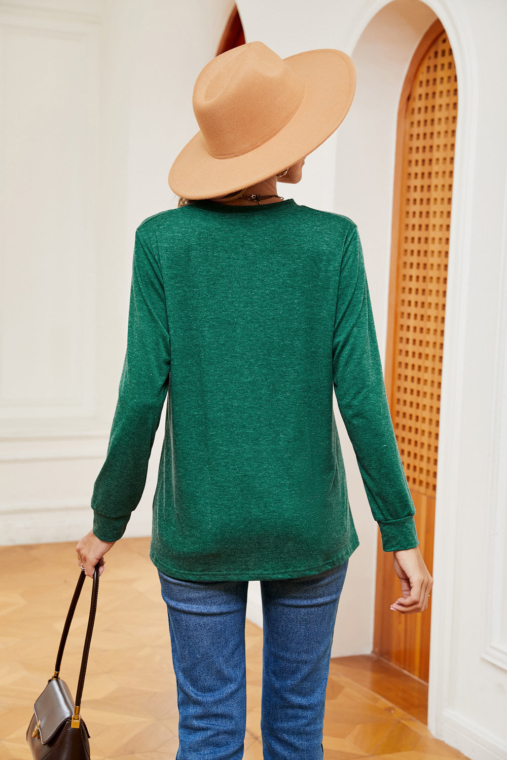 Buttoned Notched Neck Long Sleeve Top - Aurelia Clothing