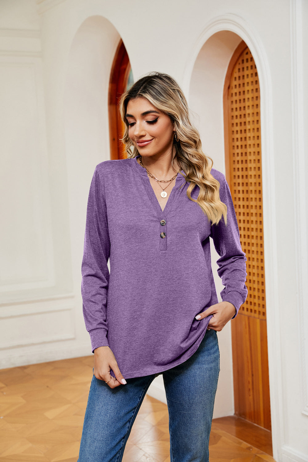 Buttoned Notched Neck Long Sleeve Top - Aurelia Clothing