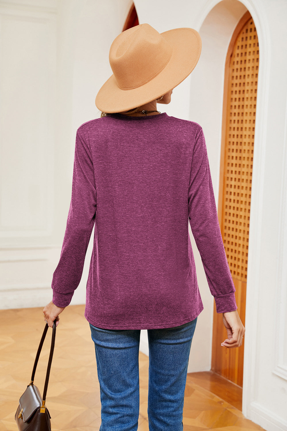 Buttoned Notched Neck Long Sleeve Top - Aurelia Clothing